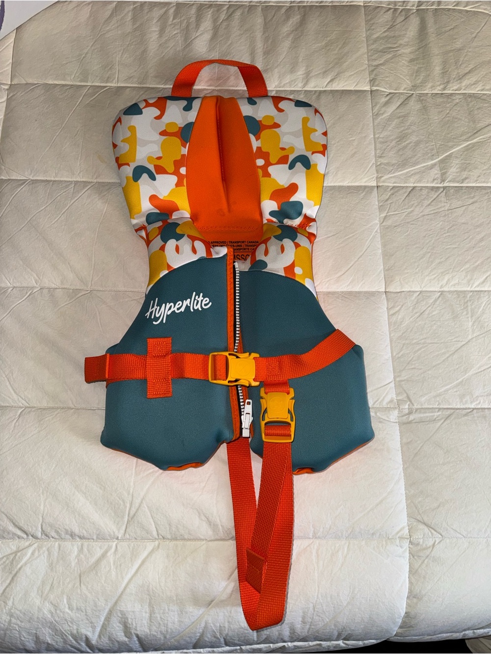 Hyperlite Kids Life Jacket - Teal with Orange and Yellow Accents